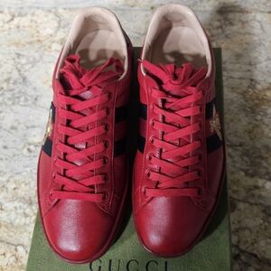Authentic Gucci Mens Red Leather Web Ace Sneakers Mens Size 8 Or Womens 10